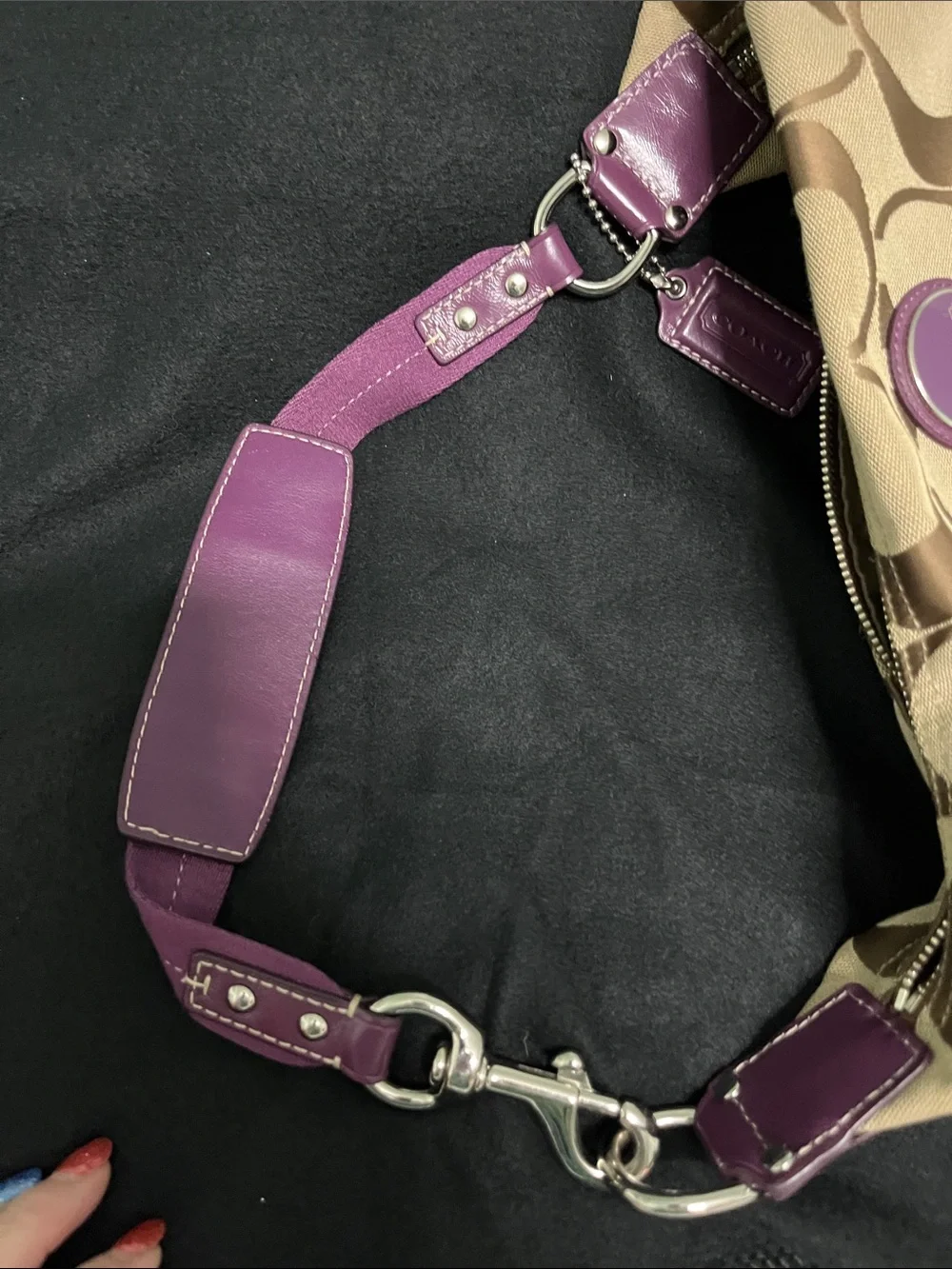 Coach Signature Canvas Shoulder Bag with Purple Trim